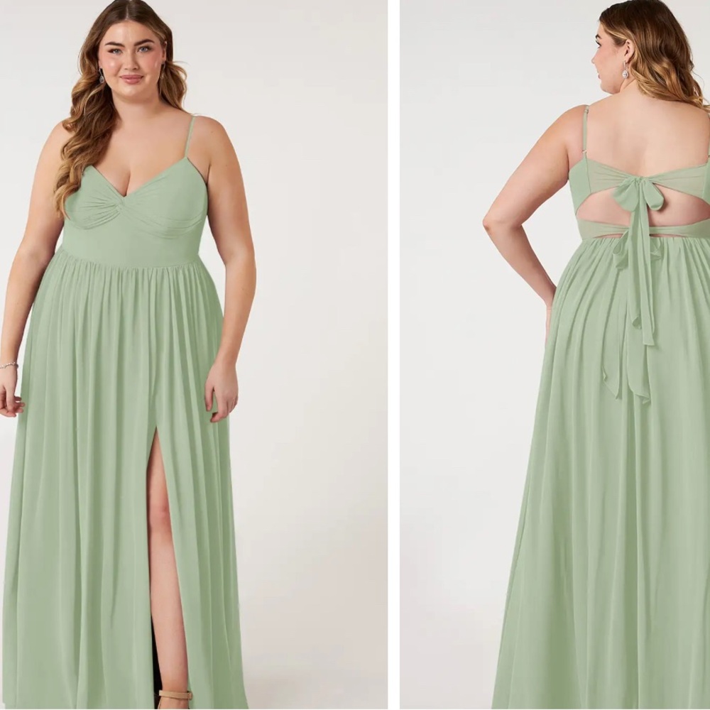 AZAZIE ZEYA A-Line V-Neck Pleated Chiffon Dress Sz 14 C Sage Green Prom Wedding